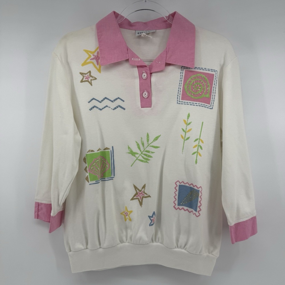 VTG 90s Beach Coastal Preppy White‎ Pink Graff Collared Sweater Top Grandmacore